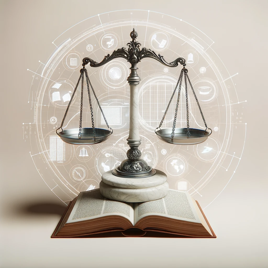 Illustration représentant une balance de justice en métal ornée, posée sur un livre ouvert, avec des icônes technologiques et juridiques en arrière-plan. Cette image symbolise l'équilibre entre le droit et la technologie, ainsi que l'intégration des connaissances juridiques dans le domaine de la criminologie et de la cybersécurité.