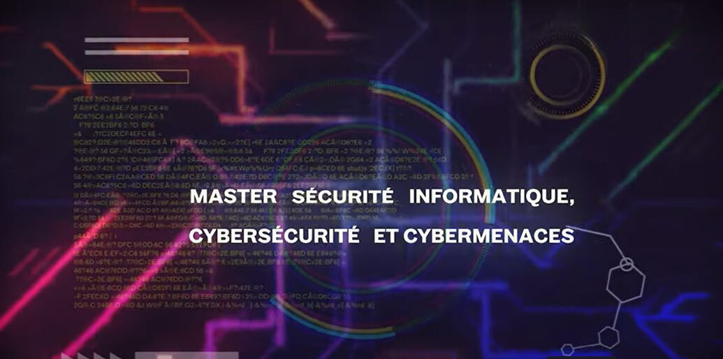 Affiche du Master Sécurité Informatique, Cybersécurité et Cybermenaces, avec des graphismes numériques et des textes codés en arrière-plan