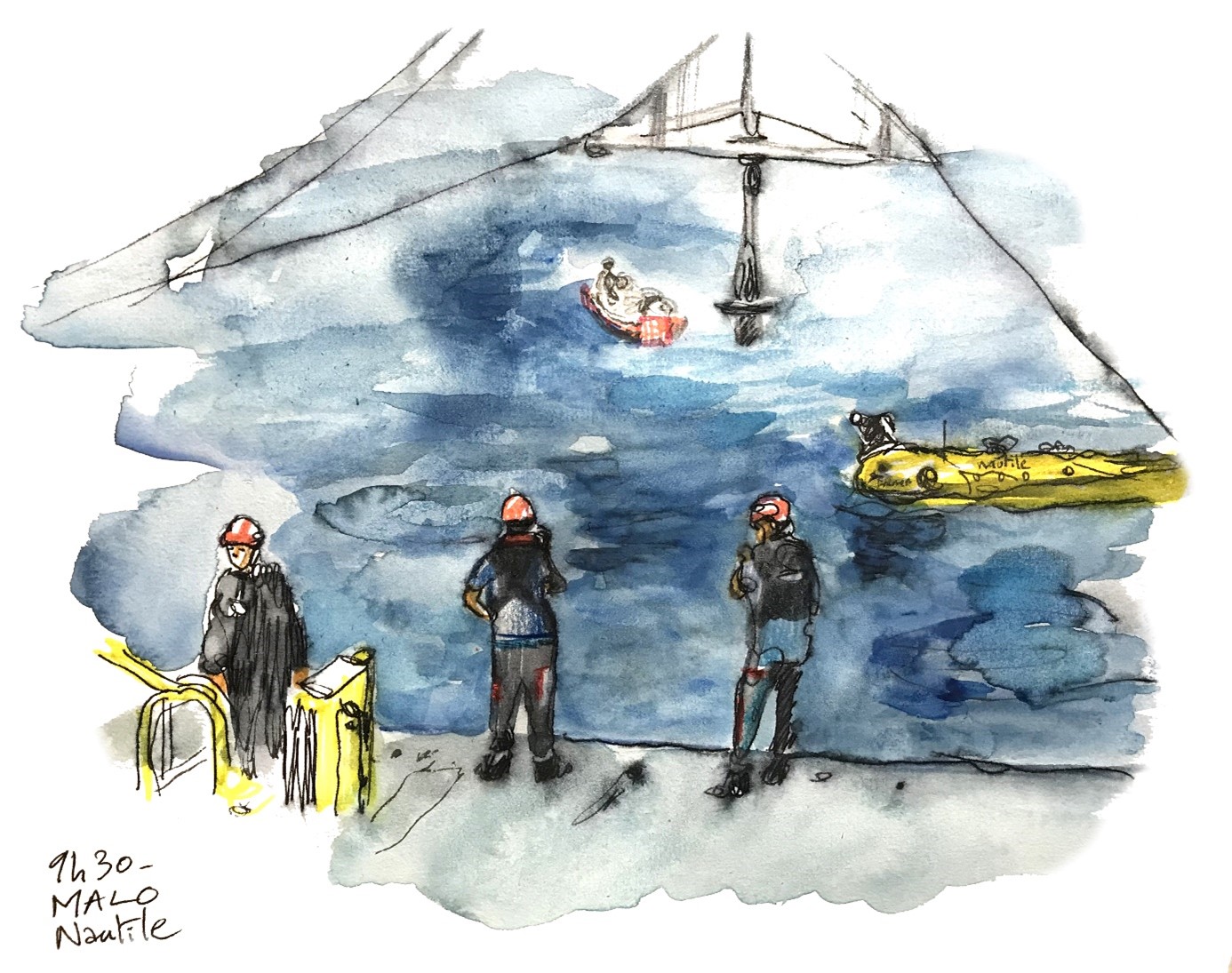 aquarelle de plongeurs au bord de l'eau.