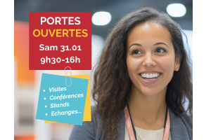Une femme souriante et dans un encadré les informations Portes Ouvertes - sam 31/01 - 9h - 16h30 et un post-it avec les éléments : visites, conférences, stands, échanges