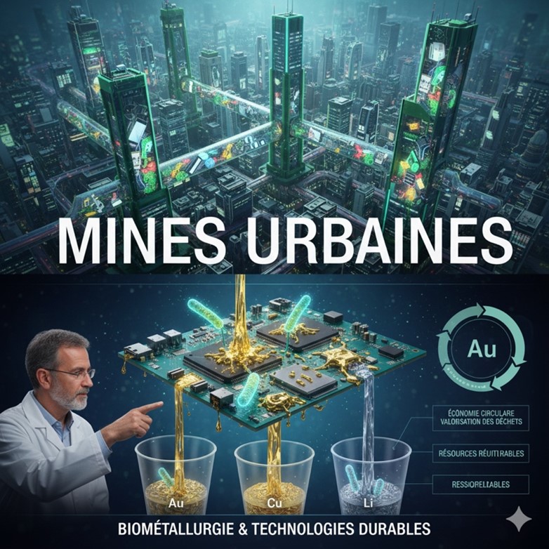 Image créée par IA qui illustre que les villes constituent des réservoirs de métaux et que l'on peut valoriser les déchets urbains en ressources réutilisables