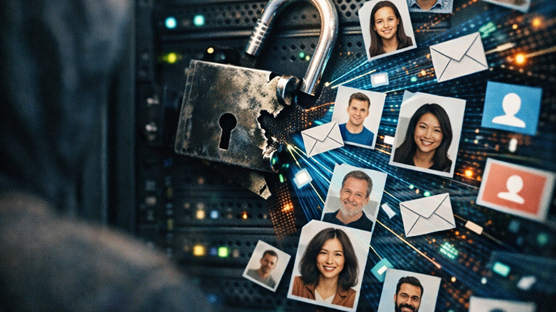 visuel créé par IA qui montre un cadenas cassé qui laisse s'échapper des données, photos, mails, données. Au premier plan, on voit de dos la dos d'une personne avec une capuche.