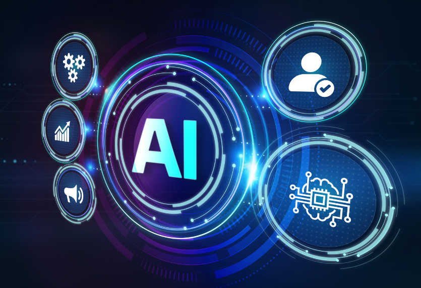 Une illustration futuriste représente l'intelligence artificielle au centre d'une interface numérique lumineuse, entourée d'icônes symbolisant l'automatisation, l'analyse de données, la gestion des utilisateurs et les technologies de pointe sur un fond bleu à l'esthétique high-tech.