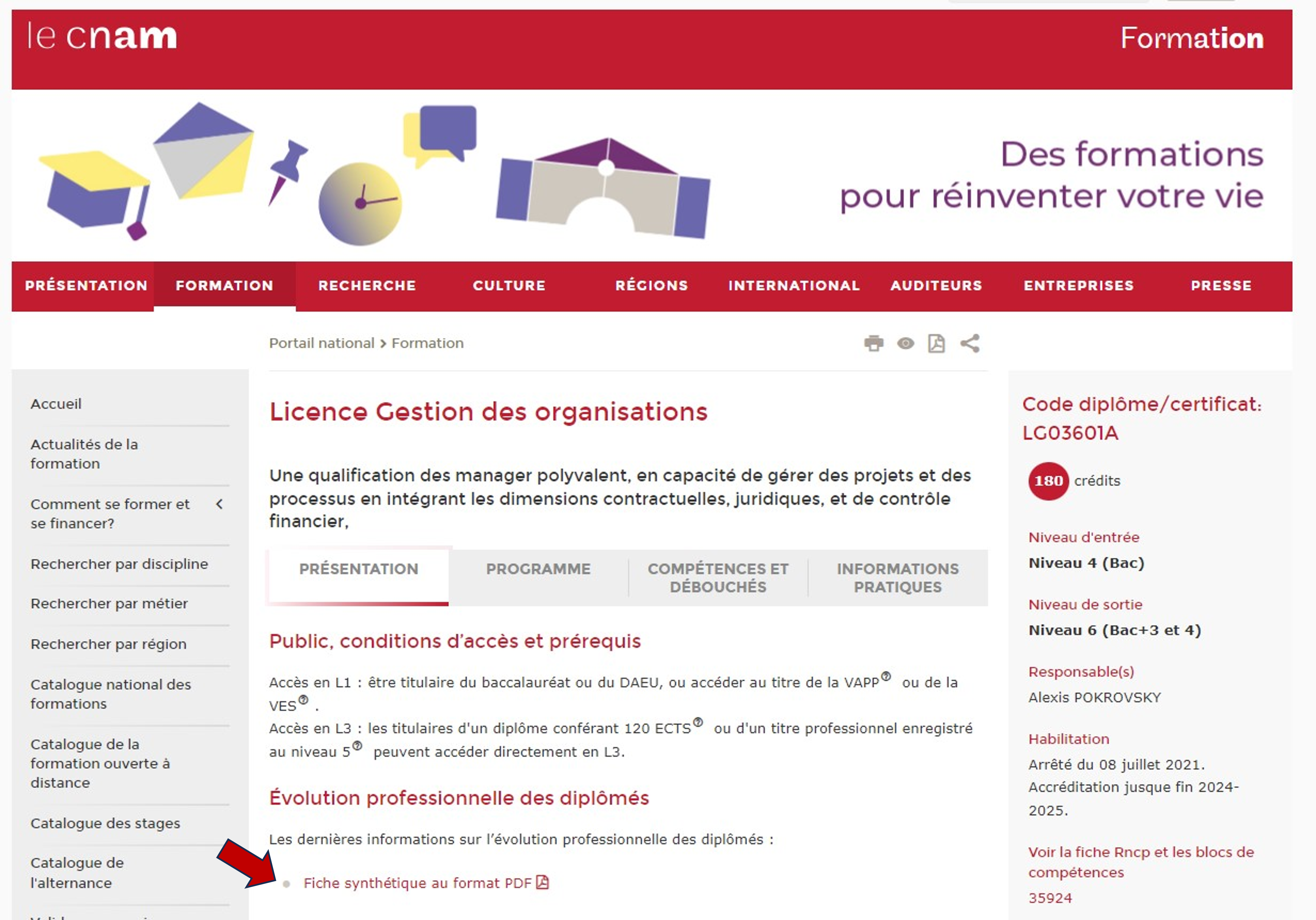 Capture d'écran de la page de licence en Gestion des organisations sur le site du Cnam, montrant des informations sur le code du diplôme, les crédits ECTS, les niveaux d'entrée et de sortie, et les coordonnées du responsable du programme. une flèche rouge montre où se trouvent les enquêtes sur les indicateurs.