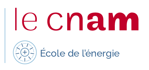Logo du Cnam pour l'École de l'énergie, avec 'le cnam' en rouge, un icône bleu clair de dynamo ou de roue dentée à gauche, suivi du texte 'École de l'énergie' en bleu